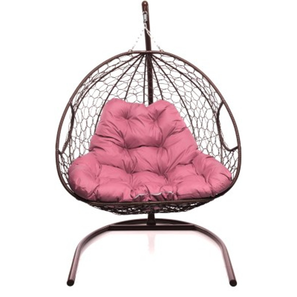 Кресло подвесное M-Group Для двоих (коричневый ротанг/ розовая подушка)