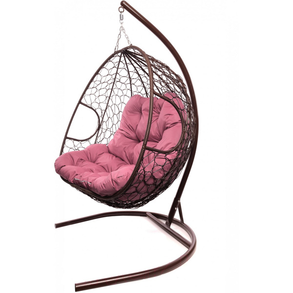 Кресло подвесное M-Group Для двоих (коричневый ротанг/ розовая подушка)